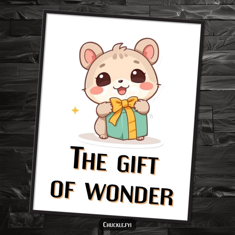 Funny digital art print of a cute animal character with wide, wondering eyes excitedly unwrapping a gift, capturing a moment of pure delight and anticipation.