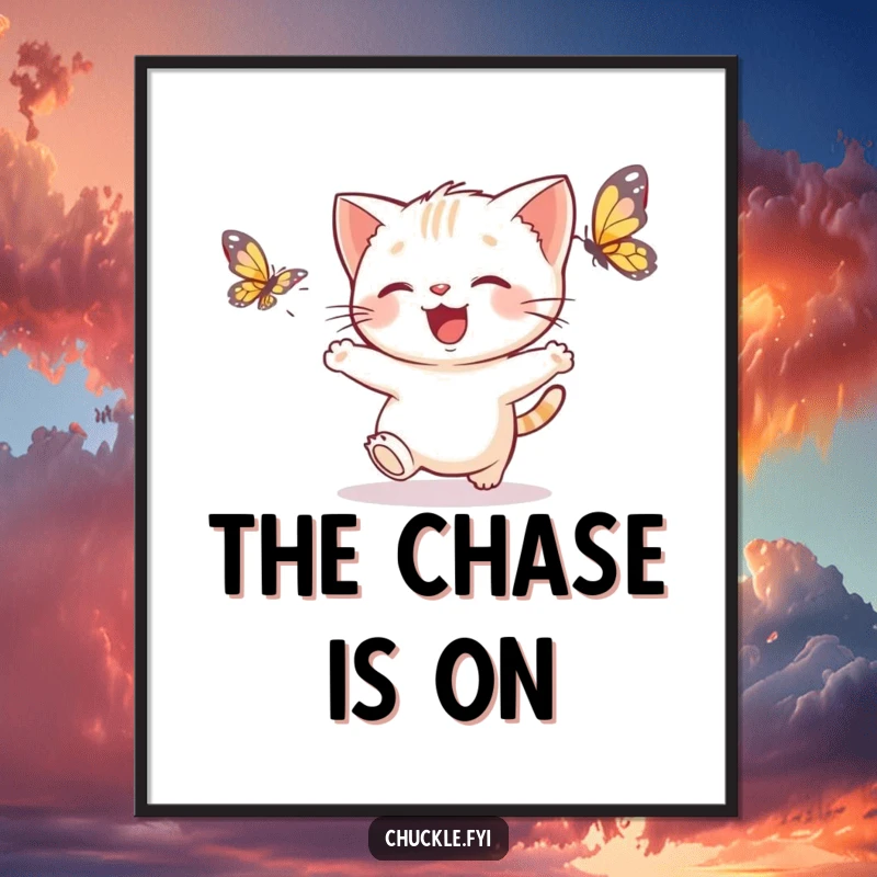 Funny kitten butterfly digital art print of a delighted kitten chasing a fluttering butterfly, ready for instant download.