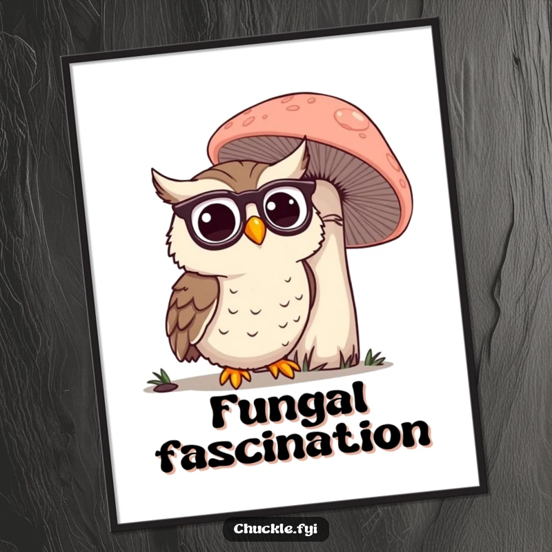 Funny Owl Digital Art Print: A happy owl wearing spectacles, peering at a giant mushroom, depicted with wise curiosity.
