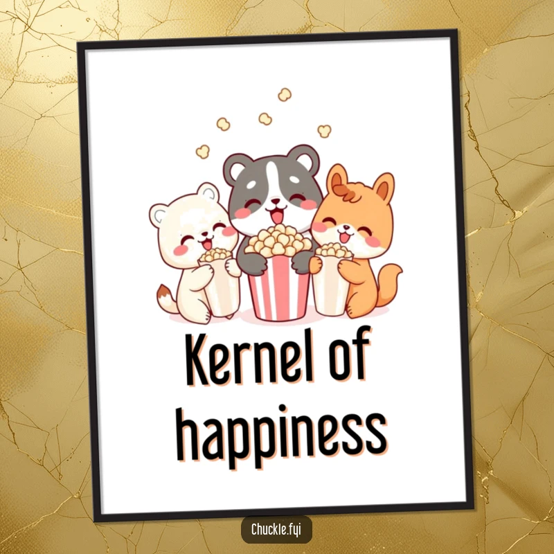 Funny digital art print of three cute animal characters delightedly sharing popcorn, capturing a moment of pure joy, friendship, and shared enjoyment.