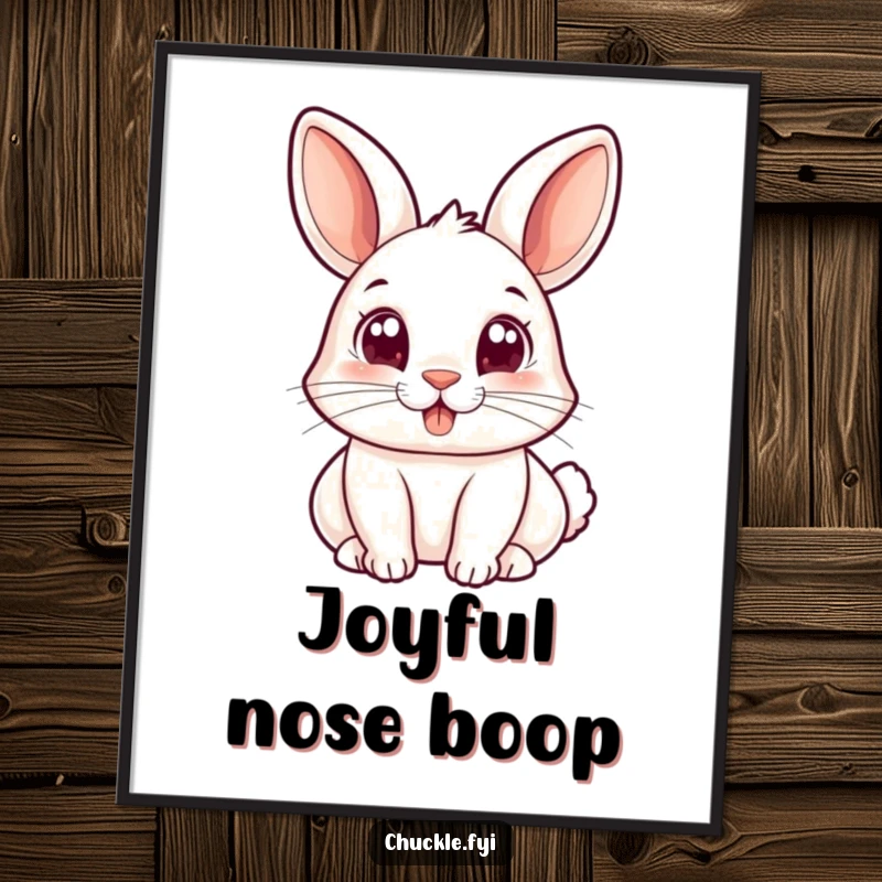 Funny digital art print of a small rabbit with wide, joyful eyes bopping its nose, offering instant, downloadable charm and cheer.