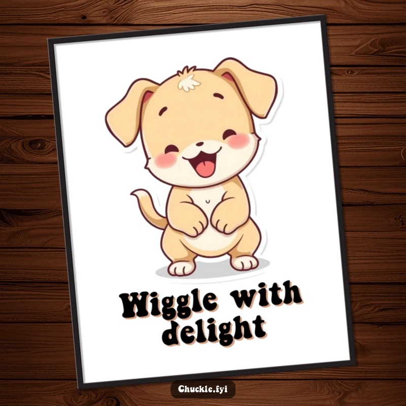 Funny playful puppy character doing a full-body wiggle from tail wagging, as digital art.