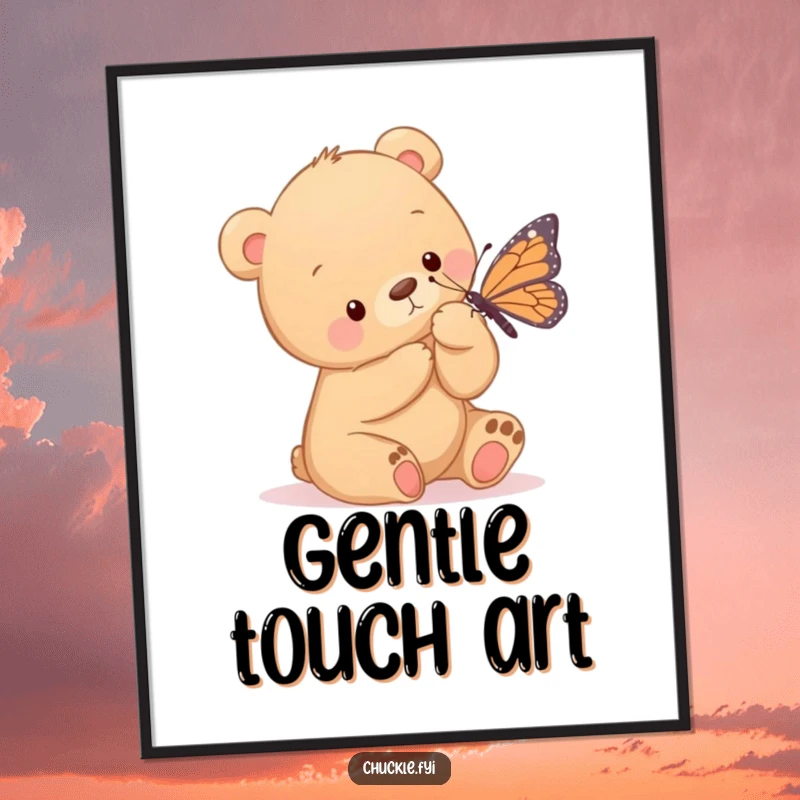 Funny digital art print of a gentle bear cub playfully tickling a butterfly with its paw, creating a heartwarming and cheerful display.