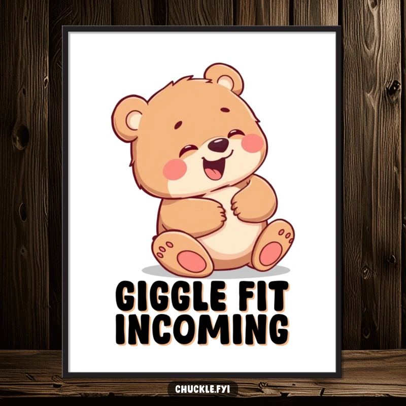 Funny digital art print of a little bear cub giggling uncontrollably, holding its belly, offering instant, downloadable humor and cheer.