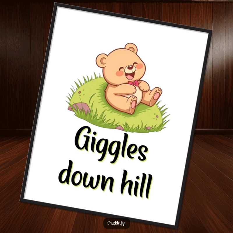 Funny Bear Cub Digital Art Print of a cheerful cub giggling while rolling down a grassy hill, capturing pure fun, instantly downloadable funny gift.