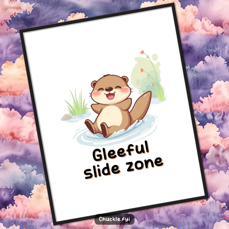 Funny Digital Art Print: A joyful otter character slides down a riverbank with glee, a fun and playful downloadable print.