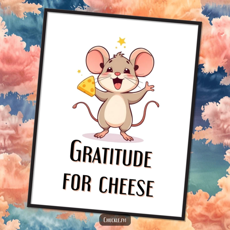 Funny digital art print of a delighted mouse doing a celebratory jig with cheese, perfect for joyful wall decor.