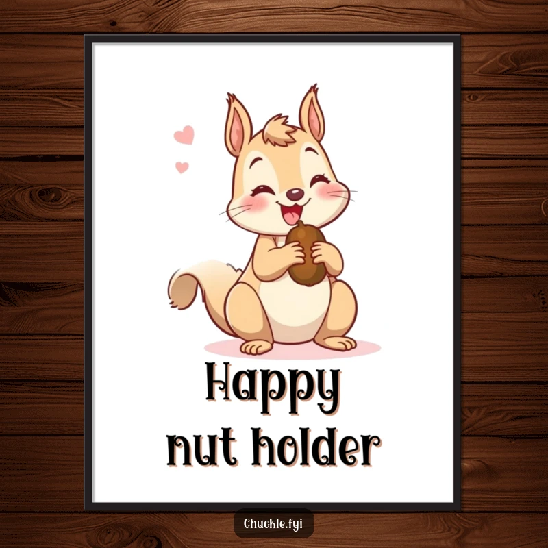Funny digital art print of a mischievous squirrel chattering happily while holding a nut, offering instant, downloadable energy and cheer.