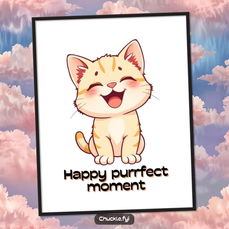 Funny digital art print of a happy kitten with perked ears caught in a hilarious burst of uncontrollable laughter. Pure joy.