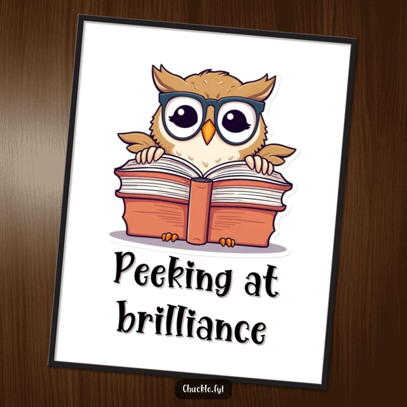 Funny chuckling owl wearing spectacles, peeking over a book, as digital art.