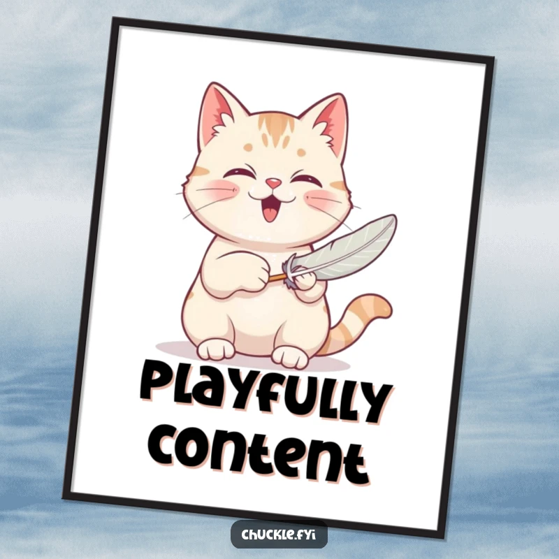 Funny digital art print of a contented cat purring loudly while batting a feather toy, ready for download.
