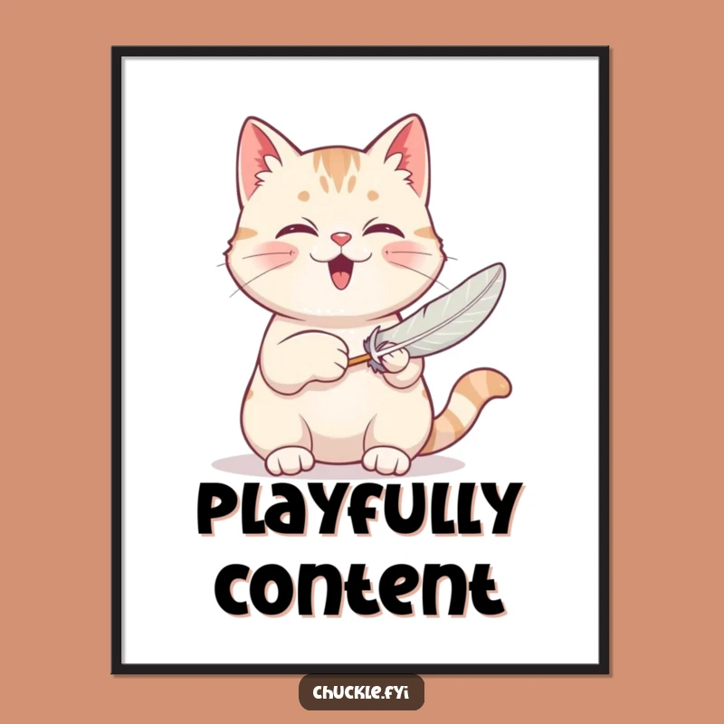 Funny Cat Digital Art: Purring Kitty Feather Toy Print