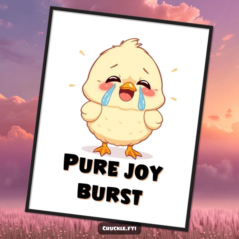 Funny digital art print of a fluffy chick cracking up, tears of joy streaming, offering instant, downloadable humor and cheer.