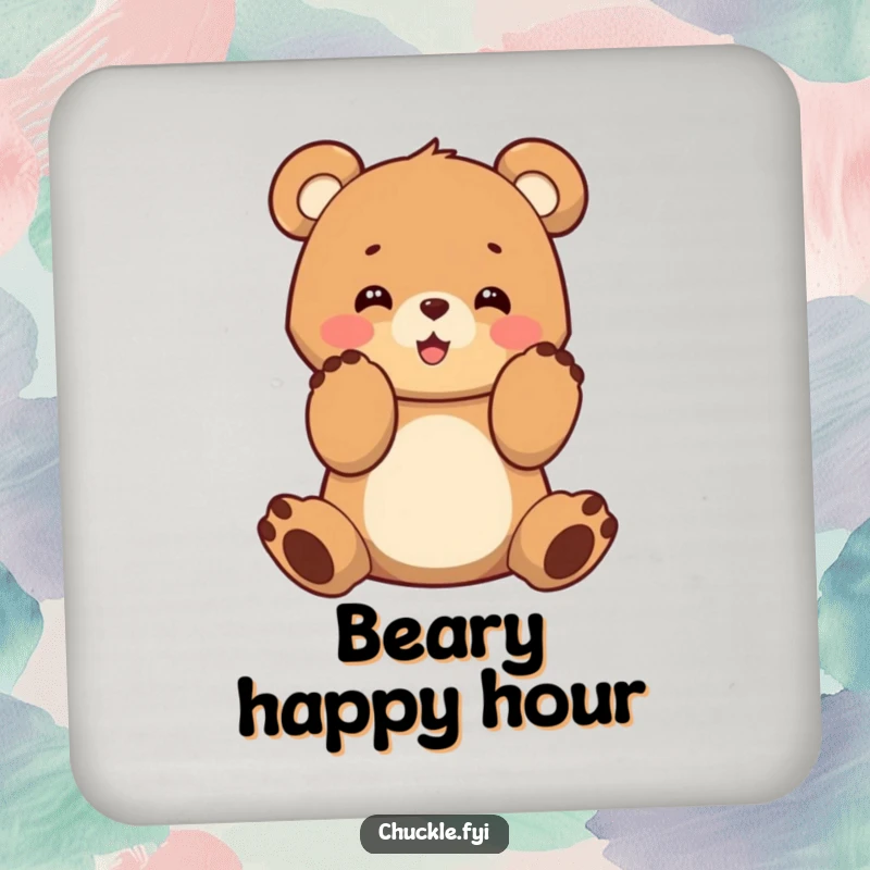Funny bear cub clapping its paws on a drink coaster, adding a cheerful touch to surfaces.