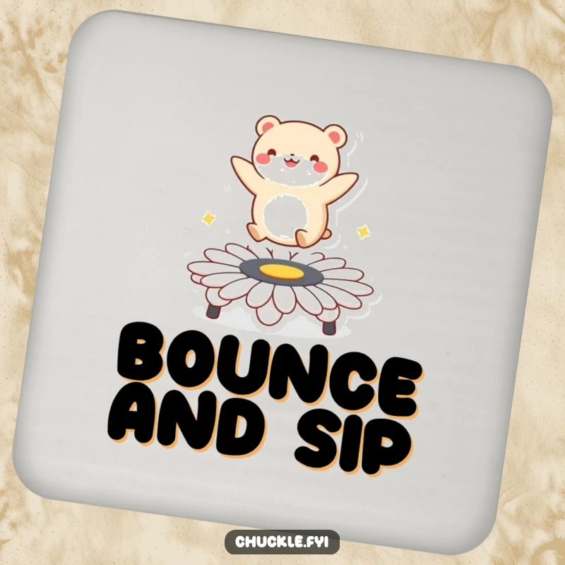 Funny drink coaster displaying a round animal character gleefully bouncing on a daisy trampoline, adding a touch of humor to any table.