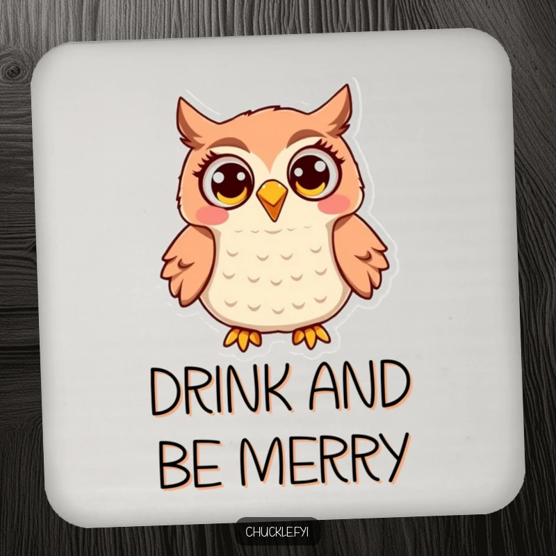 Funny Owl Coaster: A jovial owl with wide, happy eyes, hooting with delight, adding funny charm and surface protection.