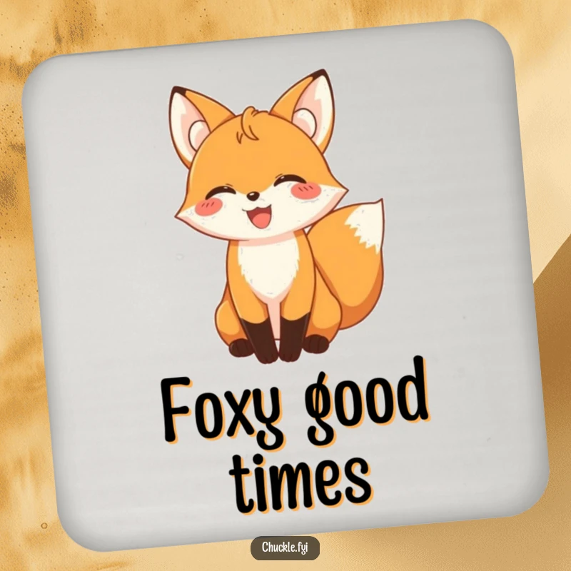 Funny giggling fox with its tail wagging on a drink coaster, adding a playful touch.