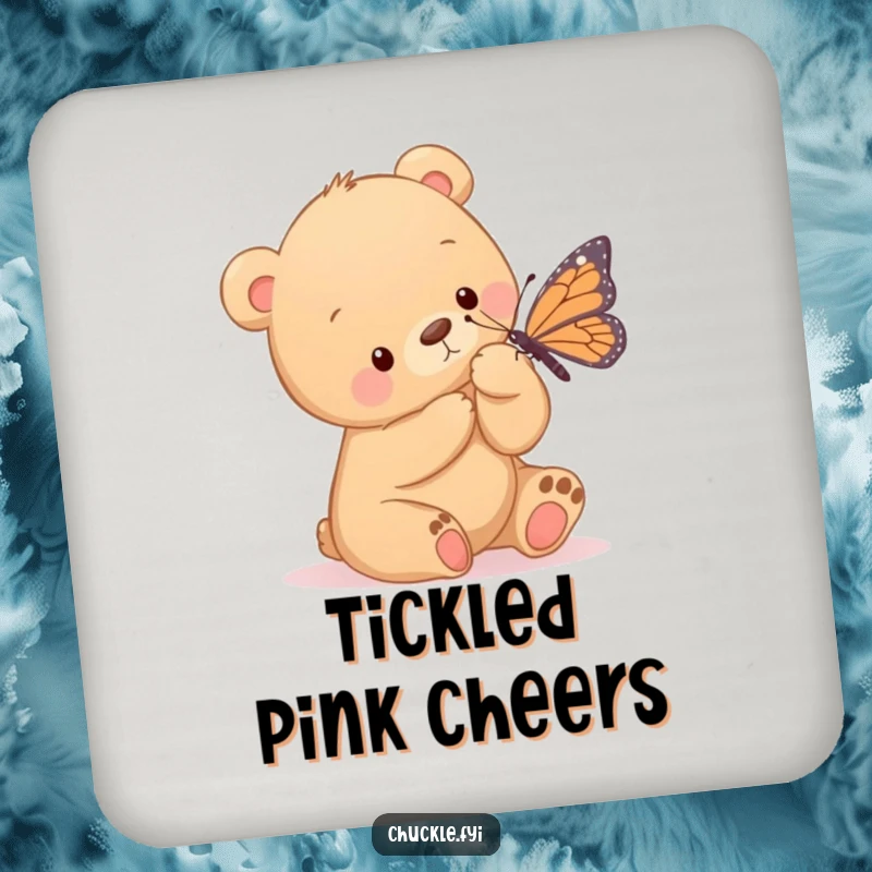 Funny drink coaster featuring a bear cub gently tickling a butterfly with its paw, adding a touch of sweet humor to any table.