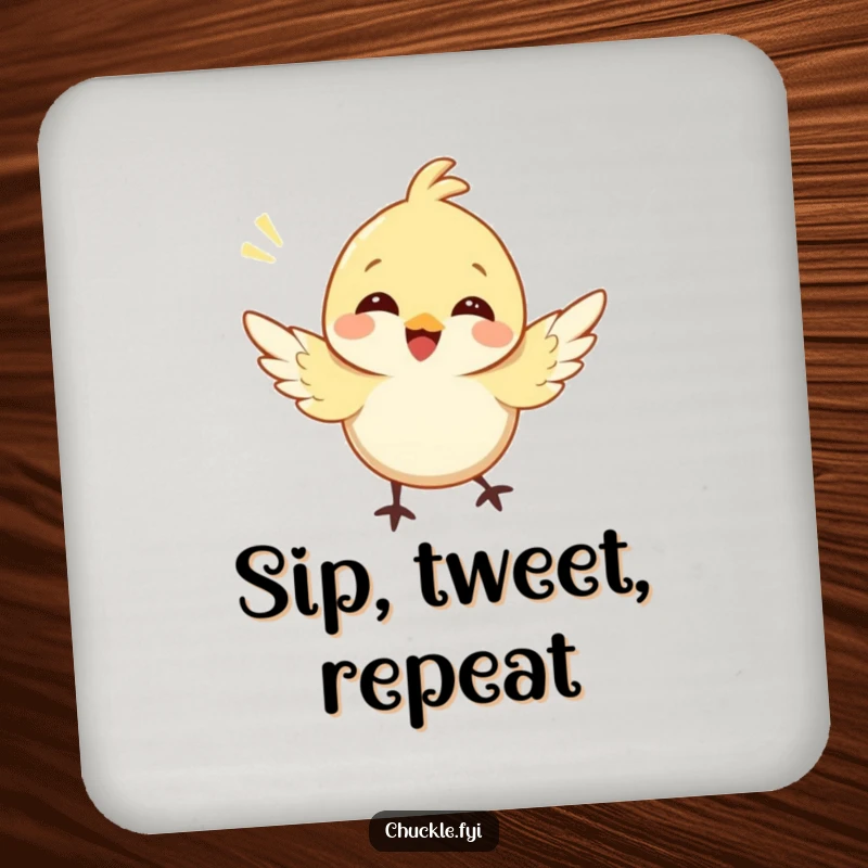 Funny bird drink coaster featuring a happy character bird fluttering its wings and chirping, bright and cheerful.
