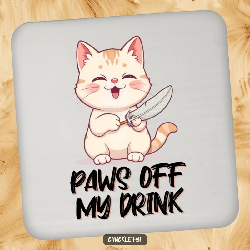 Funny drink coaster with a contented cat purring loudly while batting a feather toy, protecting surfaces with feline charm.