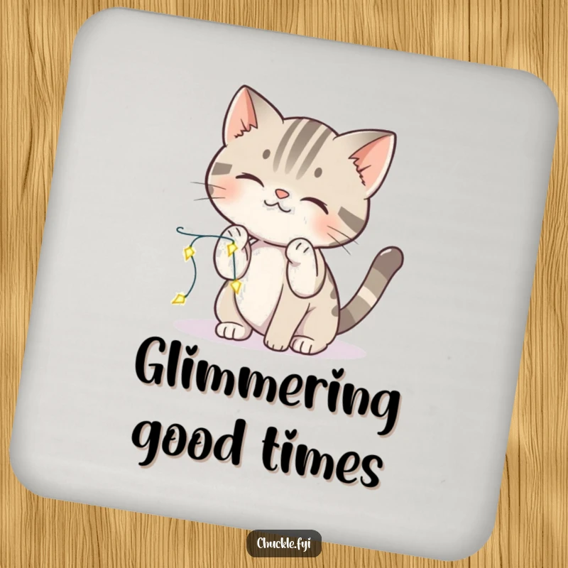 Funny cat coaster showing a curious cat batting at tiny, sparkling lights, adding playful charm.
