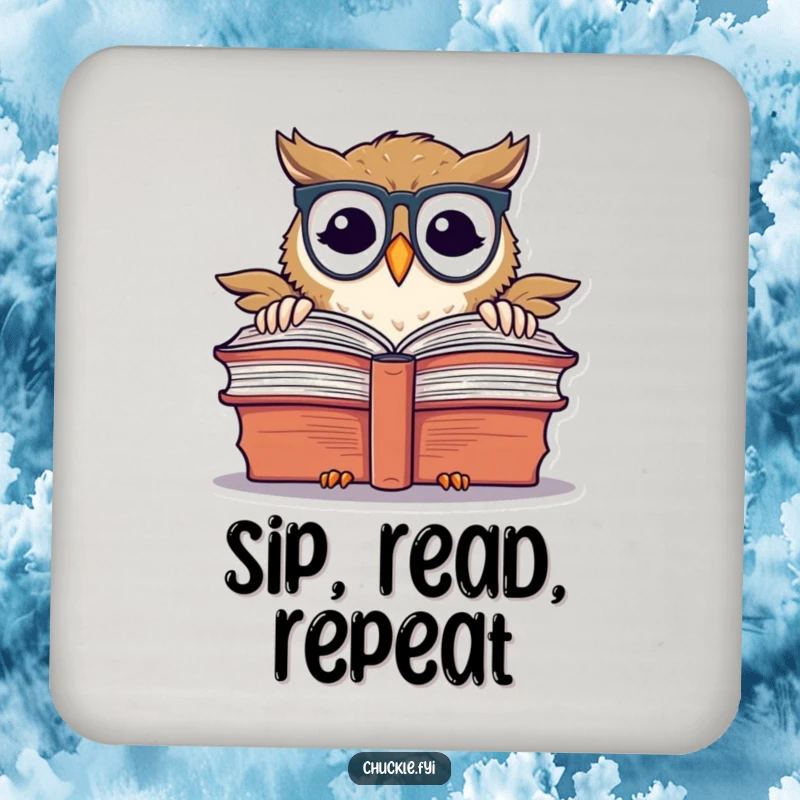 Funny chuckling owl with spectacles, peeking over a book, on drink coasters.