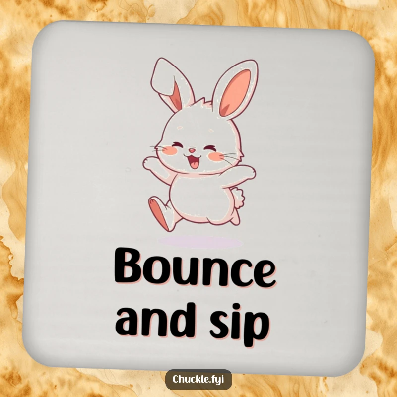 Funny Fluffy Bunny Drink Coasters set featuring a hopping character, protecting surfaces with cute charm, perfect funny gift.
