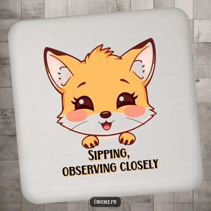 Funny fox drink coaster featuring a curious fox peeking out with a delighted expression, perfect for tabletops.