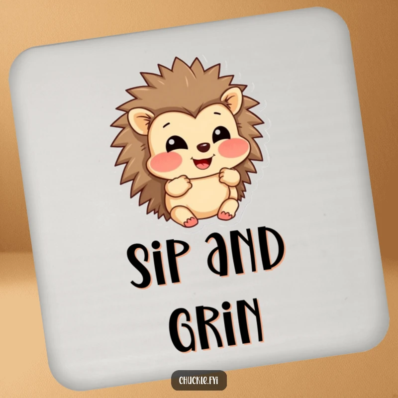 Funny drink coaster with a grinning hedgehog character puffing out its cheeks in amusement, protecting surfaces with charm.