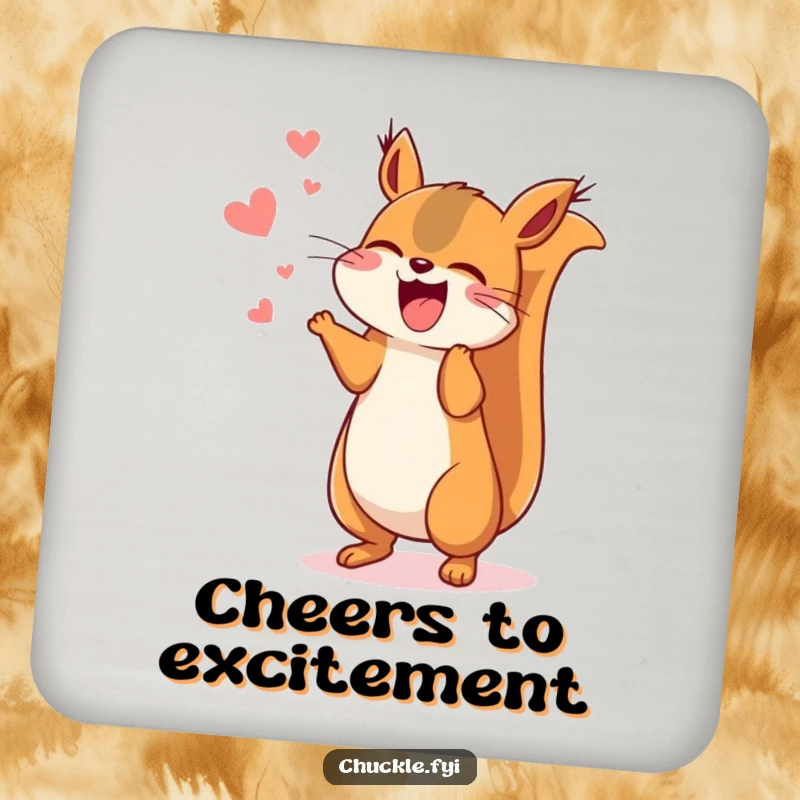 Funny Kawaii squirrel drink coasters showing a cute squirrel chattering enthusiastically, jumping with amusement, adding playful energy.
