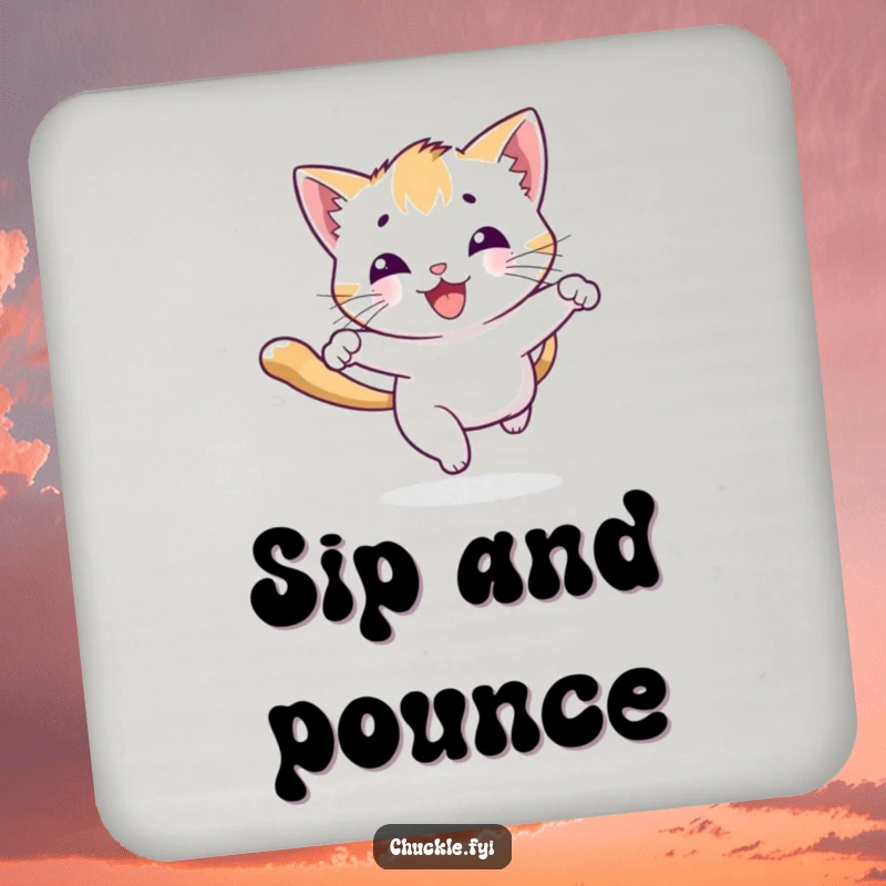 Funny playful kitten drink coaster character chasing a beam of light with a joyous bounce, for stylish surface protection.