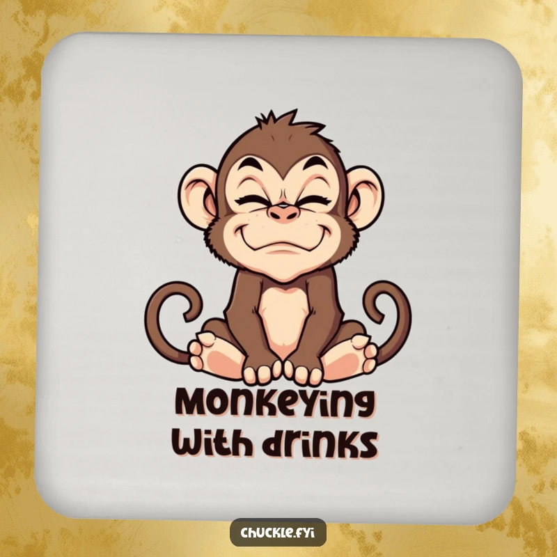 Funny monkey making a silly grimace on a drink coaster, adding a humorous touch.