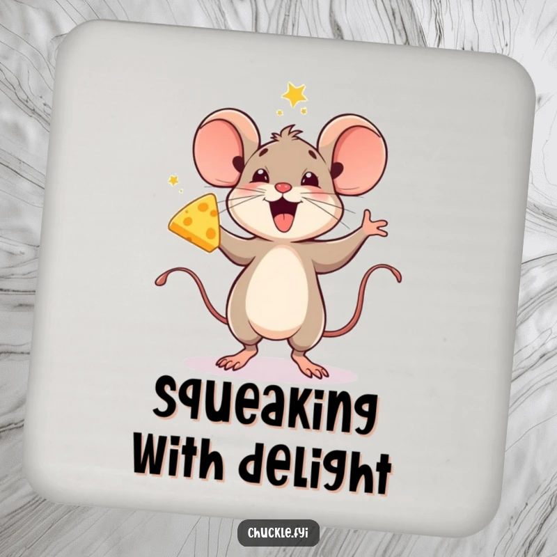 Funny drink coaster showcasing a delighted mouse doing a celebratory jig with a piece of cheese.
