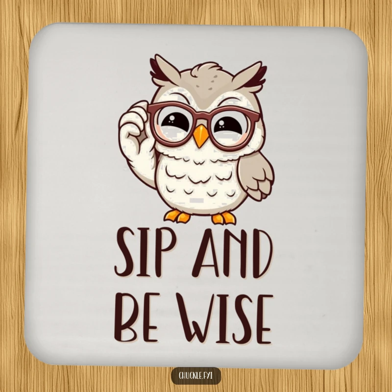 Funny owl drink coaster set featuring a wise, chuckling cartoon character adjusting its spectacles with a knowing grin, perfect for intelligent table protection.