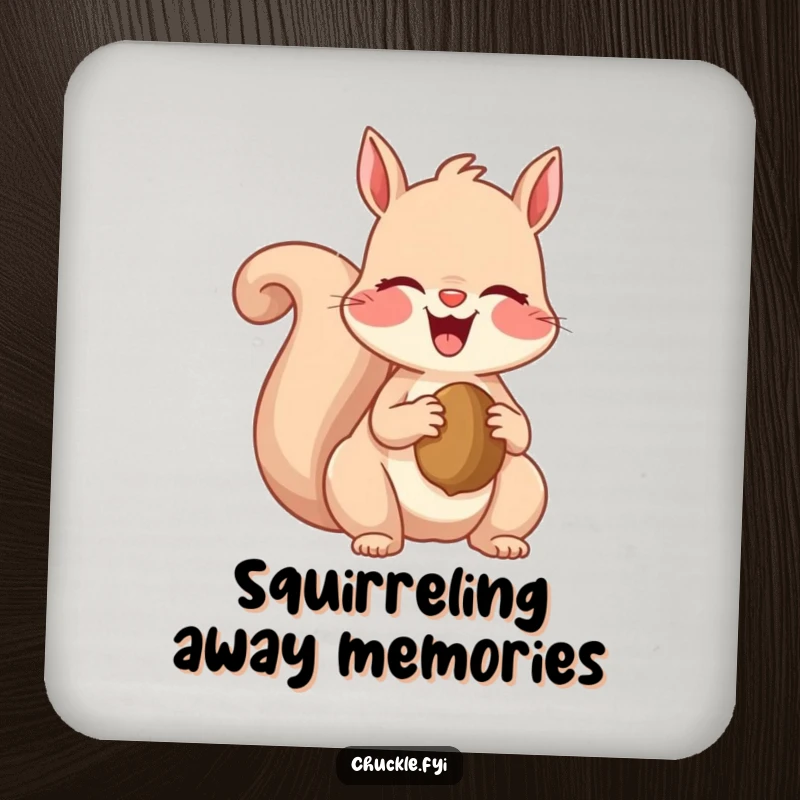 Funny drink coaster featuring a giggling squirrel happily holding a nut, protecting surfaces with a touch of adorable humor.