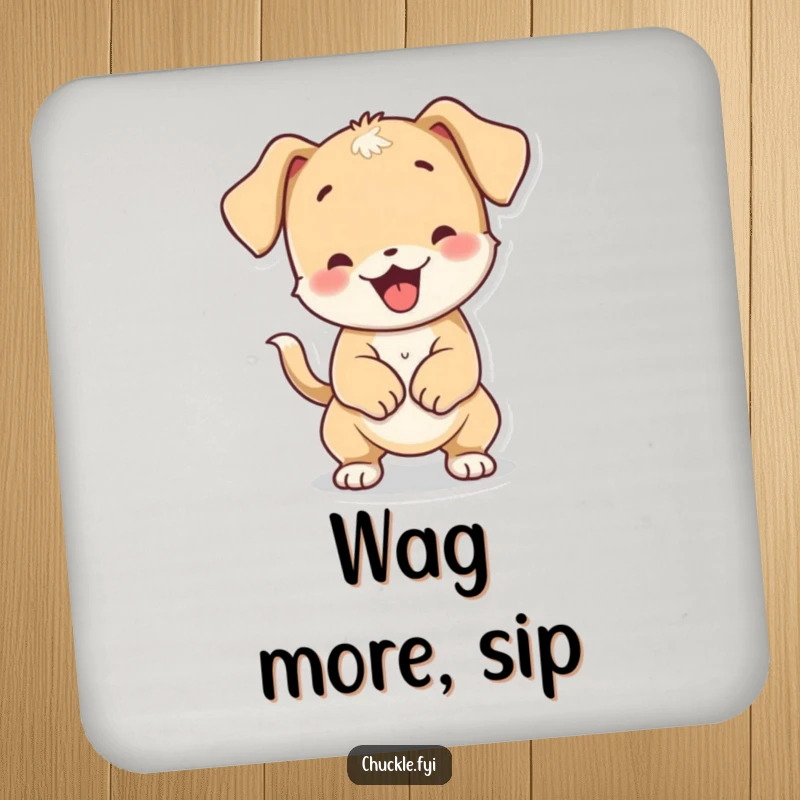 Funny playful puppy character wiggling its body from happy tail wagging, on drink coasters.