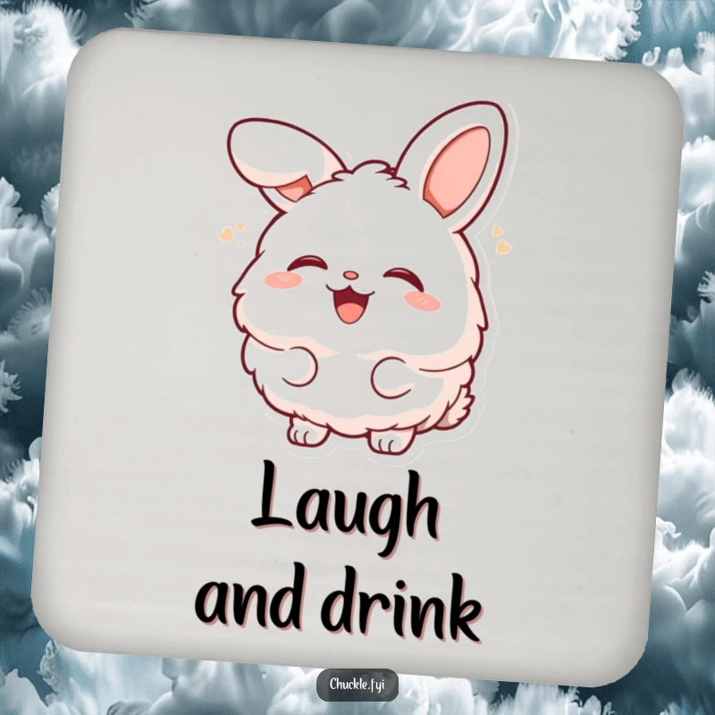 Funny fluffy bunny character laughing heartily with head tilted back on a drink coaster, adding charm and protection.