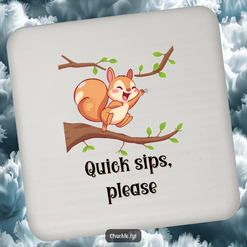 Funny Energetic Squirrel Coaster depicting a squirrel mid-air, leaping and giggling with pure, infectious joy.