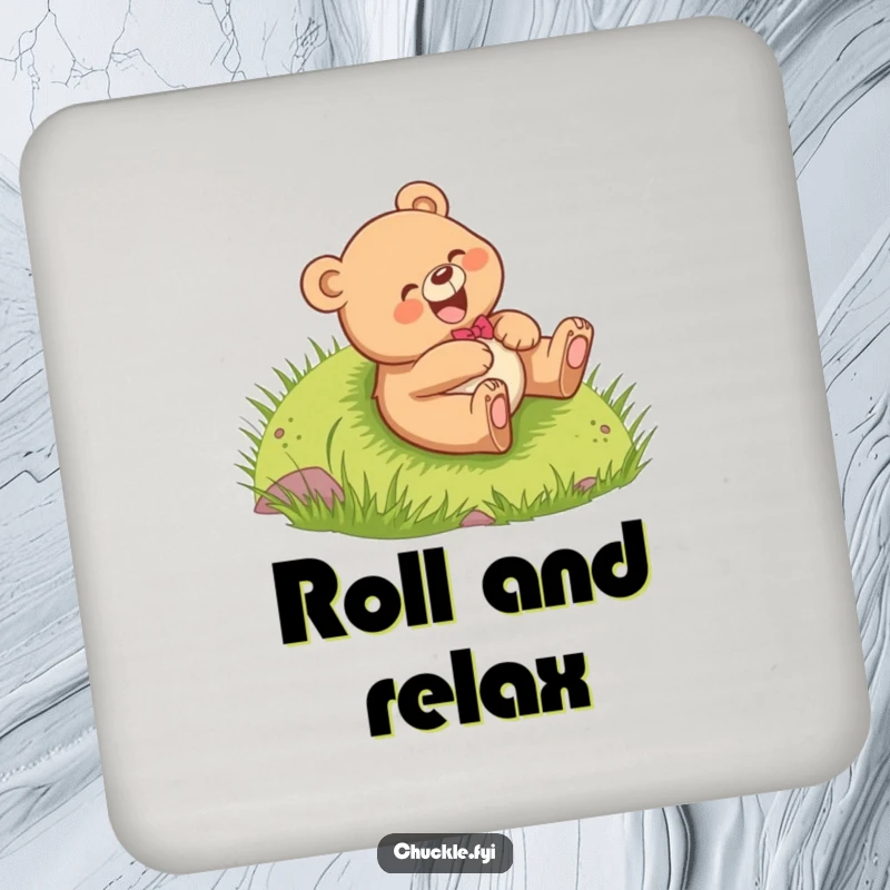 Funny Bear Cub Drink Coasters set featuring a cheerful cub giggling while rolling down a hill, cute and humorous, perfect funny gift.