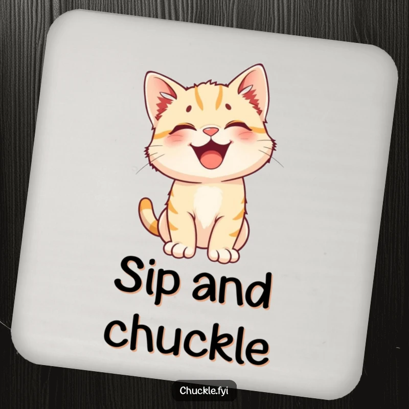 Funny drink coaster featuring a happy kitten with perked ears bursting into fits of uncontrollable laughter.
