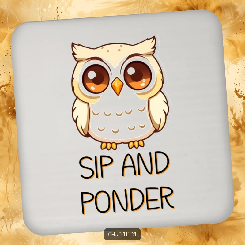 Funny Curious Owl Coaster depicting a wise owl with large, sparkling eyes, softly chuckling, a smart drink accessory.