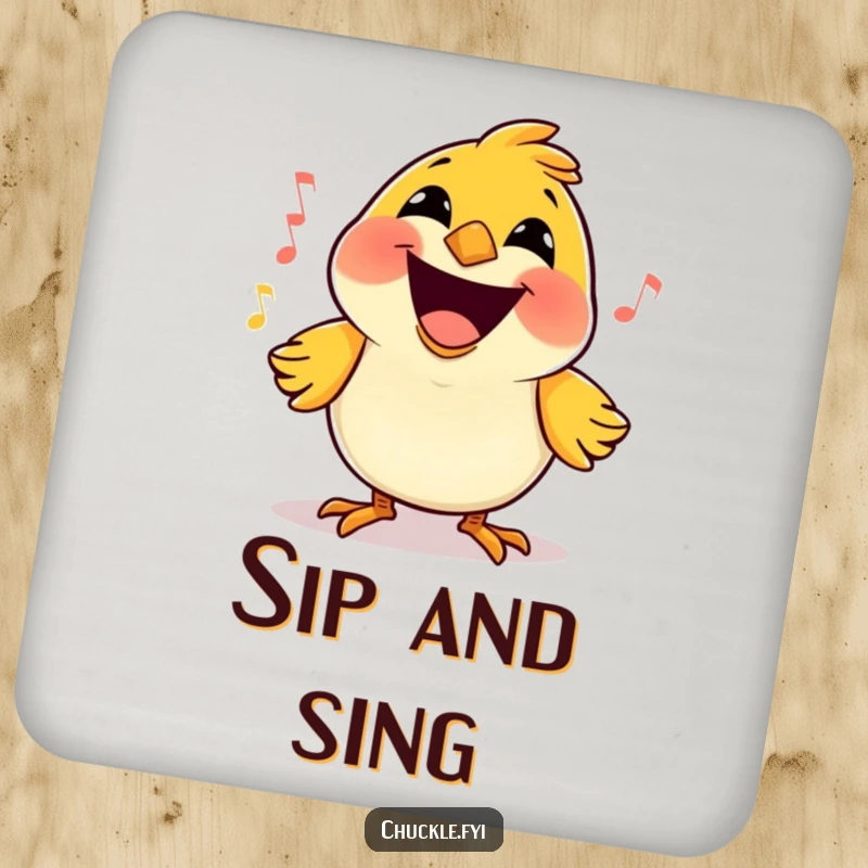 Funny Bird Drink Coaster showing a happy little cartoon bird, massive grin, singing a joyful tune, protecting surfaces with charm.
