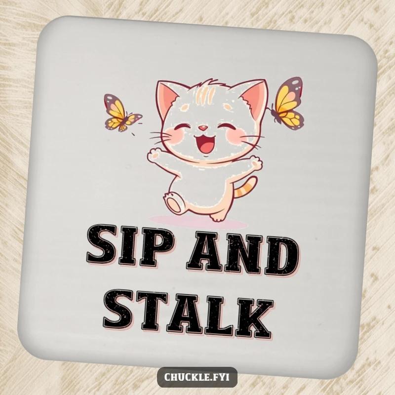 Funny kitten butterfly coasters featuring a delighted kitten chasing a fluttering butterfly, protecting tables with charm.