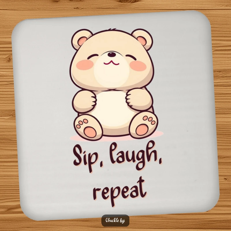 Funny Kawaii bear drink coasters showing a cute bear laughing hysterically, holding its stomach, eyes closed, adding humor to any surface.