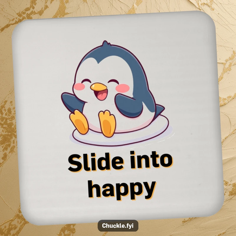 Funny penguin drink coaster featuring a character in a comical belly slide with a wide, joyful grin, protecting surfaces with humor.