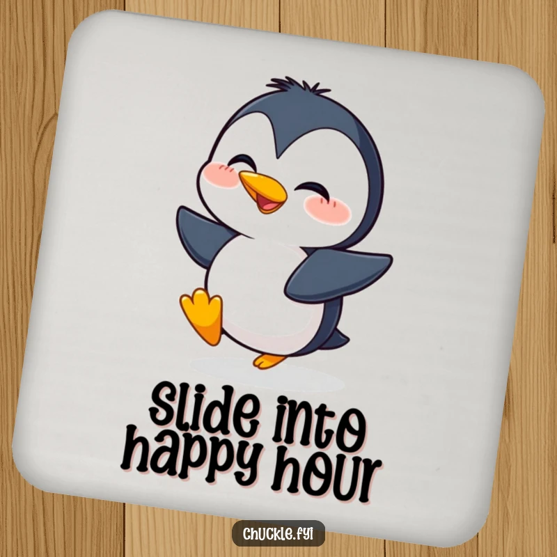 Funny drink coaster showcasing a giggling penguin character waddling with exaggerated, infectious excitement.