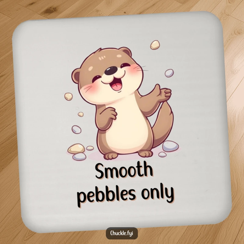 Funny otter juggling shiny pebbles on a drink coaster, adding a playful touch to any surface.