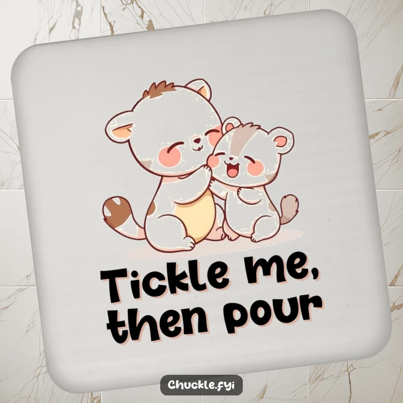 Funny drink coaster showing two small animals playfully tickling each other and giggling, a humorous addition to any drink setting.