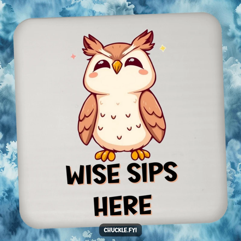 Funny Kawaii owl drink coasters showing a cute owl tilting its head back, joyfully hooting, bringing wise amusement.