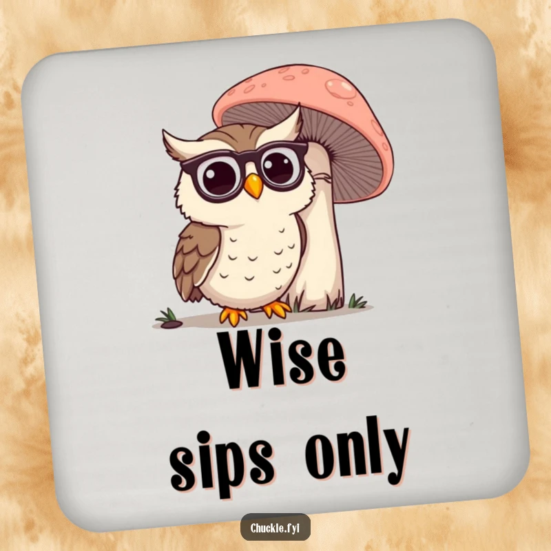 Funny Owl Coaster: A happy owl wearing spectacles, observing a giant mushroom, protecting surfaces with wisdom.